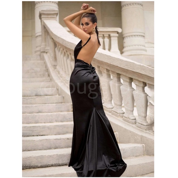Black Deep V Neck Backless Ruched Long Slip Sheath Dress Evening Gown Prom - Picture 5 of 16